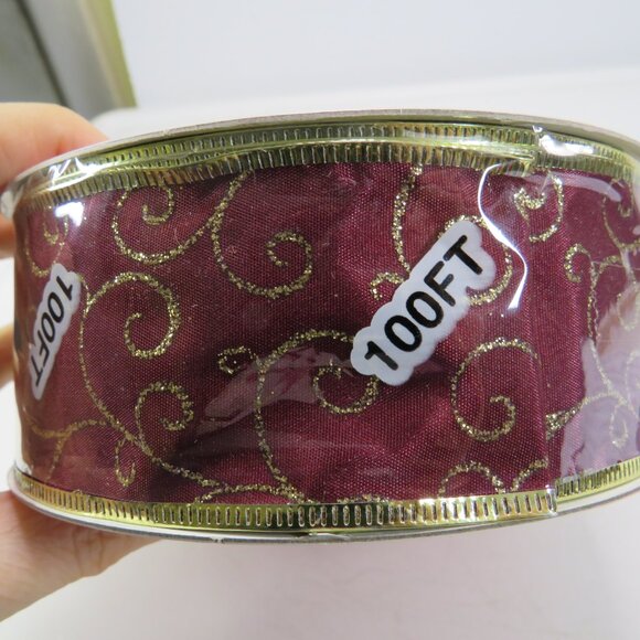 Burgundy w Swirls Wired Ribbon w Gold Foiled Wired Edge 100 feet Target 2009 NEW - Picture 1 of 6